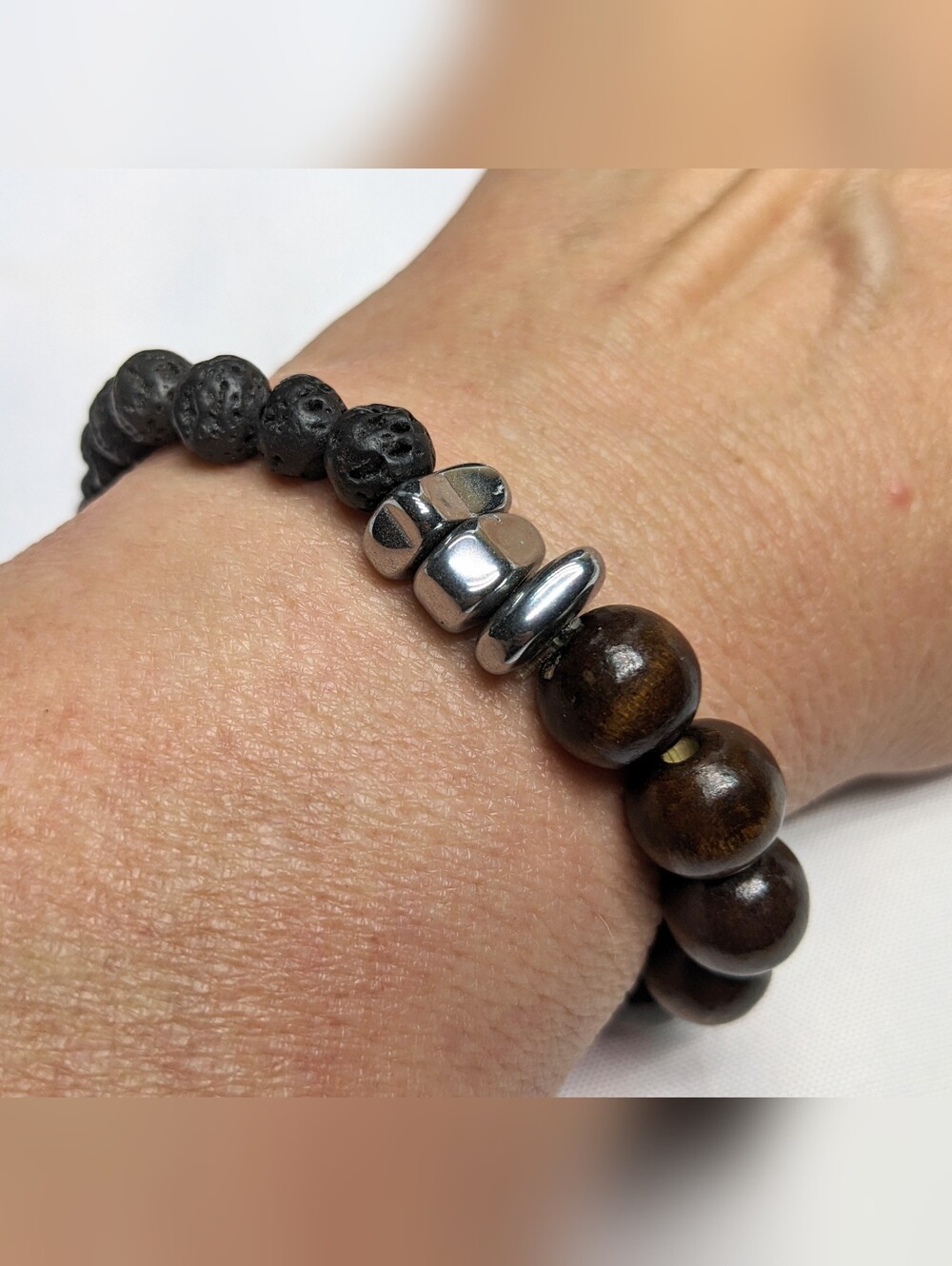 Wood, Metal, & Lava/Basalt Bead Stretch Bracelet, Unisex, Essential Oil Diffuser